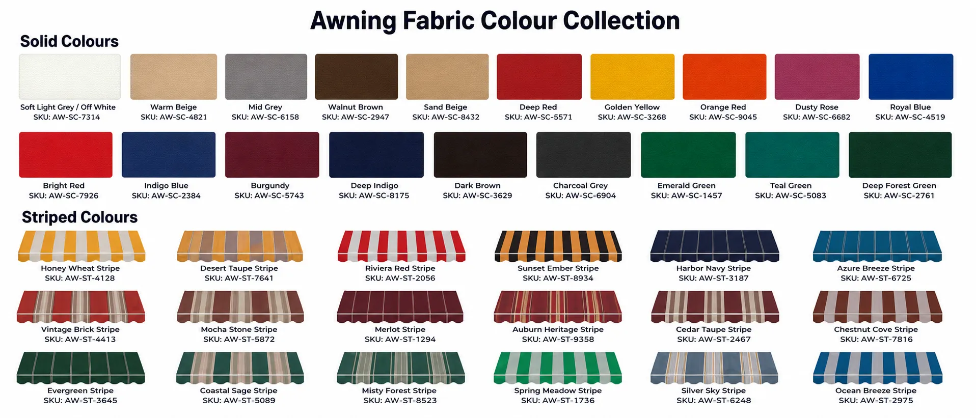 ASG Shading awning fabric colour collection - 19 solid colours including off white, warm beige, mid grey, walnut brown, deep red, burgundy, indigo blue, charcoal grey, emerald green and teal green, plus 18 striped colourways